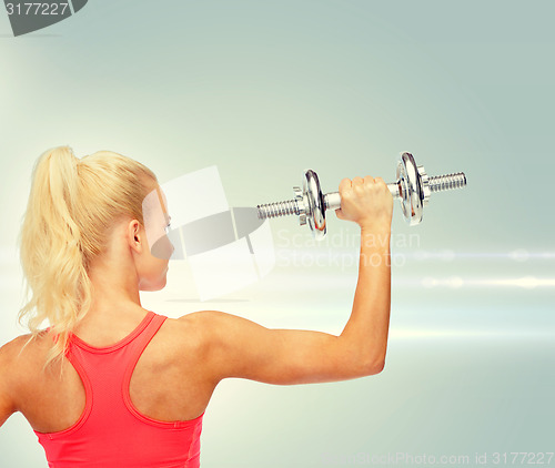 Image of sporty woman with heavy steel dumbbell from back