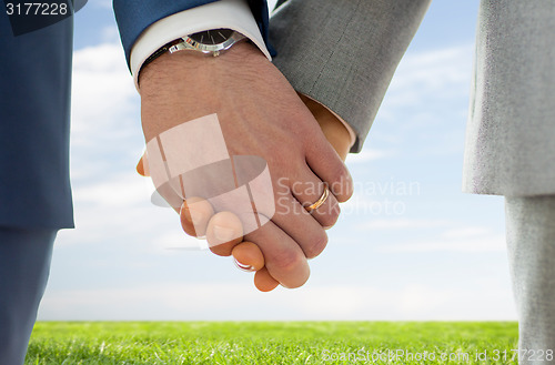 Image of close up of male gay hands with wedding rings on