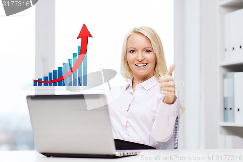 Image of happy businesswoman with laptop showing thumbs up
