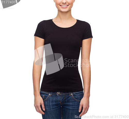 Image of smiling woman in blank black t-shirt