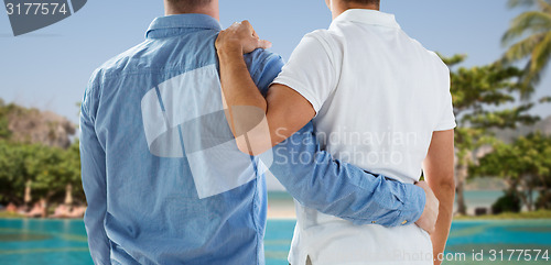 Image of close up of happy male gay couple hugging