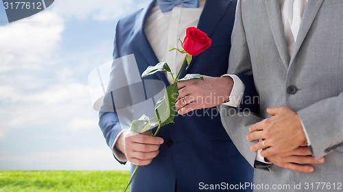 Image of close up of happy male gay couple holding hands