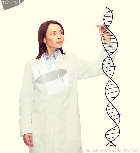 Image of young female doctor writing dna molecule