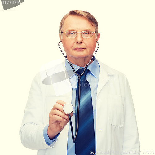 Image of smiling doctor or professor with stethoscope