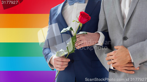 Image of close up of happy male gay couple holding hands