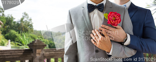 Image of close up of happy male gay couple