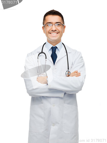 Image of smiling male doctor in white coat