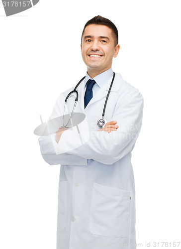 Image of smiling male doctor in white coat