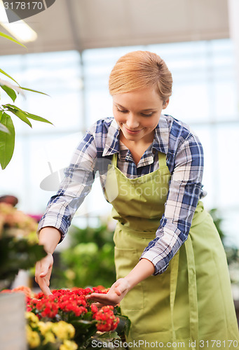 Image of happy woman taking care of flowers in greenhouse