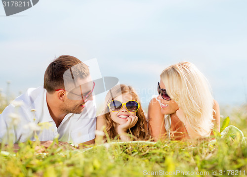 Image of happy family with blue sky and green grass