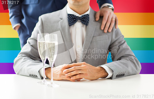 Image of close up of male gay couple with champagne glasses