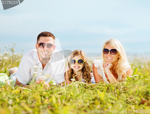 Image of happy family with blue sky and green grass