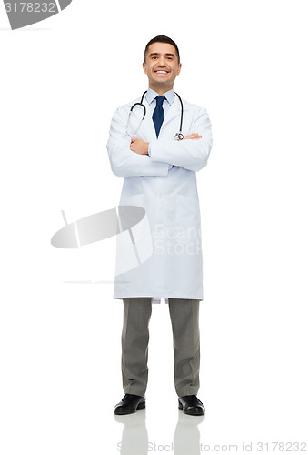 Image of smiling male doctor in white coat