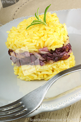 Image of Heart shaped saffron rice with trevisano chicory