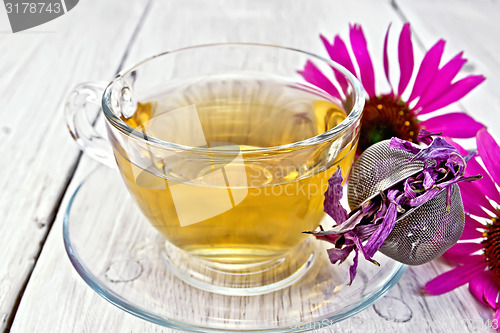 Image of Tea Echinacea in glass cup with strainer on board