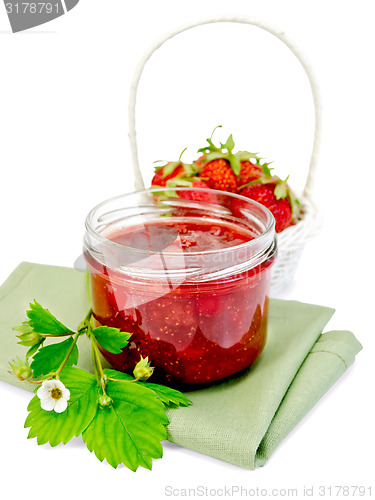 Image of Jam strawberry with basket of berry on napkin