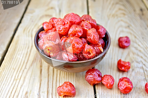 Image of Candied cherries in bowl on board