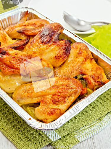 Image of Chicken wings fried in pan from foil