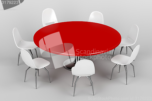 Image of Red round table and white chairs