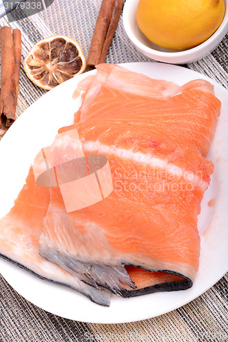 Image of Slice of red fish salmon with fruits