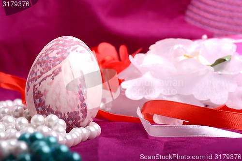 Image of Easter setting with gift box and spring decoration