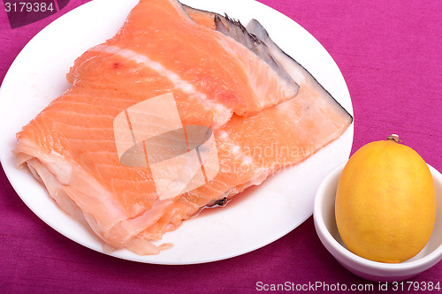 Image of Slice of red fish salmon with fruits