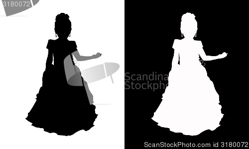 Image of silhuetter av flickan - prinsessan p? svart och vitt
