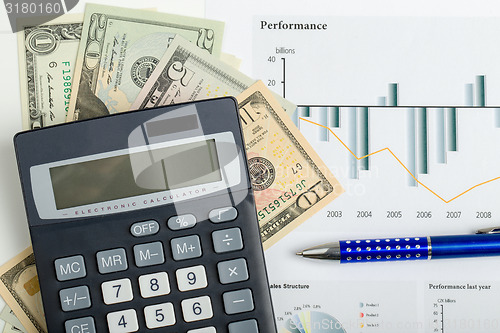 Image of USA dollar money banknotes, pen and calculator