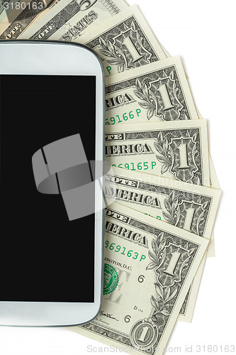 Image of cellphone and money on white