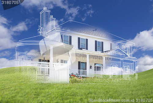 Image of Beautiful Custom House Drawing and Ghosted House Above Grass