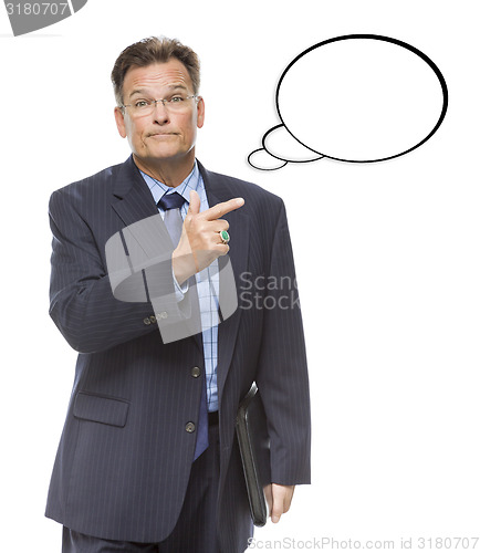 Image of Businessman Pointing to the Blank Thought Bubble on White