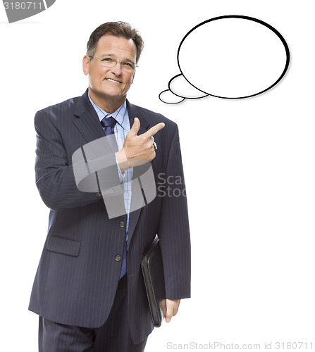 Image of Businessman Pointing to the Blank Thought Bubble on White