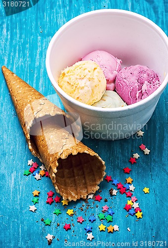 Image of ice cream decorated with sweet powder in the wafer 