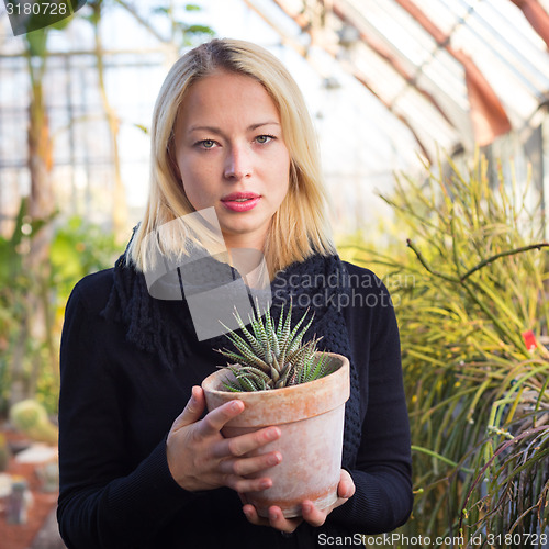 Image of Florists woman working in greenhouse. 