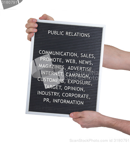 Image of Public relations concept in plastic letters on very old menu boa