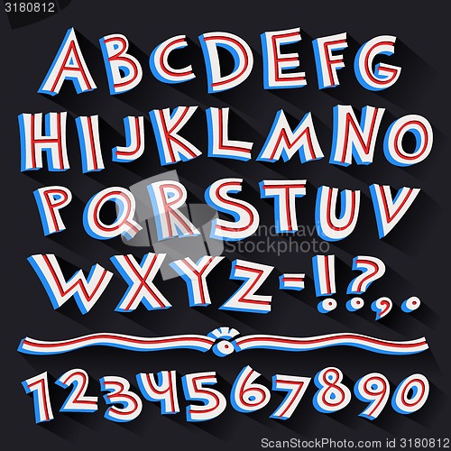 Image of Cartoon Retro 3D Font with Strips on Black Background