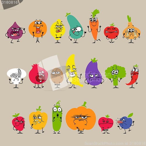 Image of Cartoon Fruits and Vegetables with Facial Expressions Set