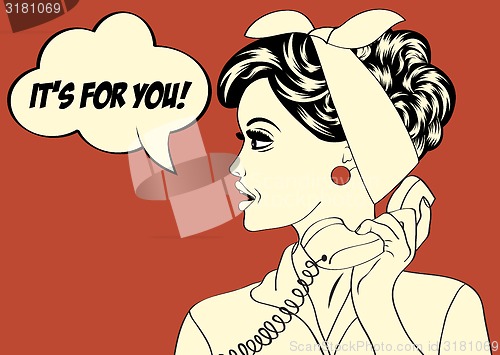 Image of pop art cute retro woman in comics style with message