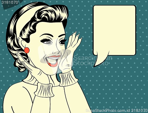 Image of pop art cute retro woman in comics style with message