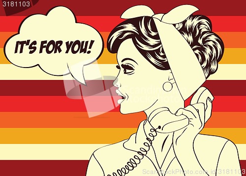Image of pop art cute retro woman in comics style with message