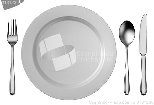 Image of Silver cutlery set with white plate isolated on white background