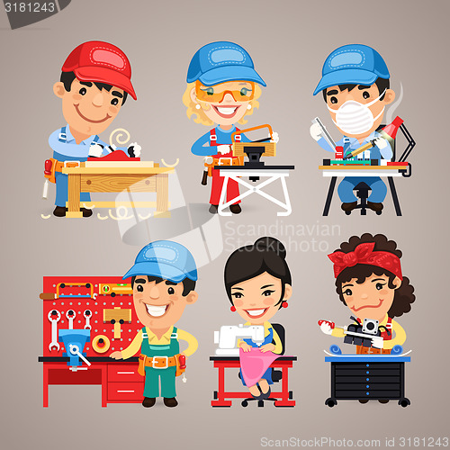 Image of Set of Cartoon Workers at their Work Desks