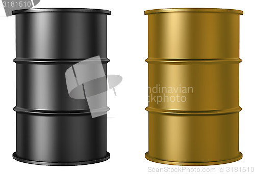 Image of Oil barrels isolated on white background, black and gold color