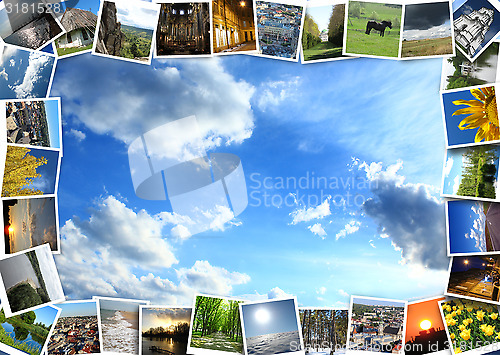 Image of brokiga bilder p? den bl? himlen bakgrunden