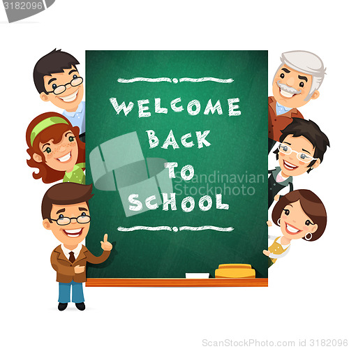 Image of Teacher Points to the Blackboard with Welcome Back to School Phr