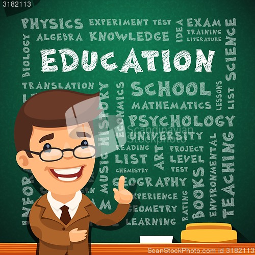 Image of Teacher With Education Poster on Blackboard