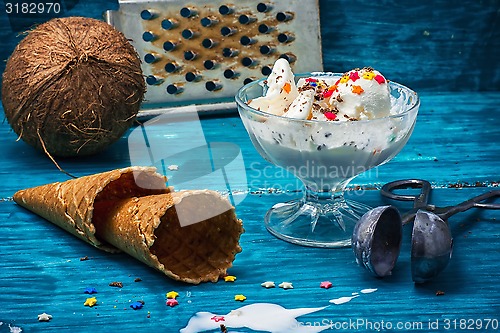 Image of ice cream in  bowl and two waffle cup