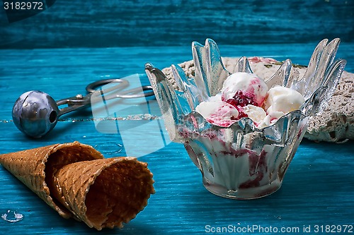 Image of ice cream in  bowl and two waffle cup