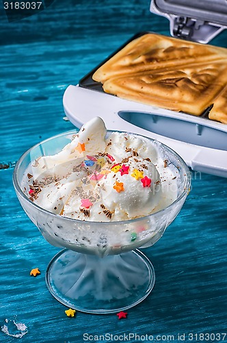 Image of baked toast smeared ice cream in raspberry jam 