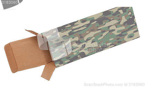Image of Camouflaged cardboard box on a white background